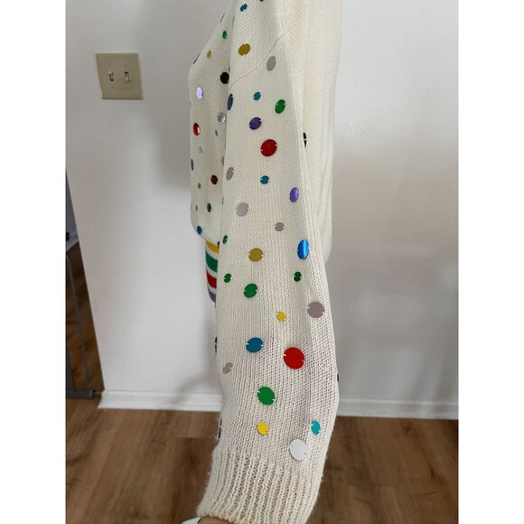 Vintage 1980's Sequin Sweater with Rainbow Stripe Waistband, Long Sleeve Pullove - Picture 3 of 8